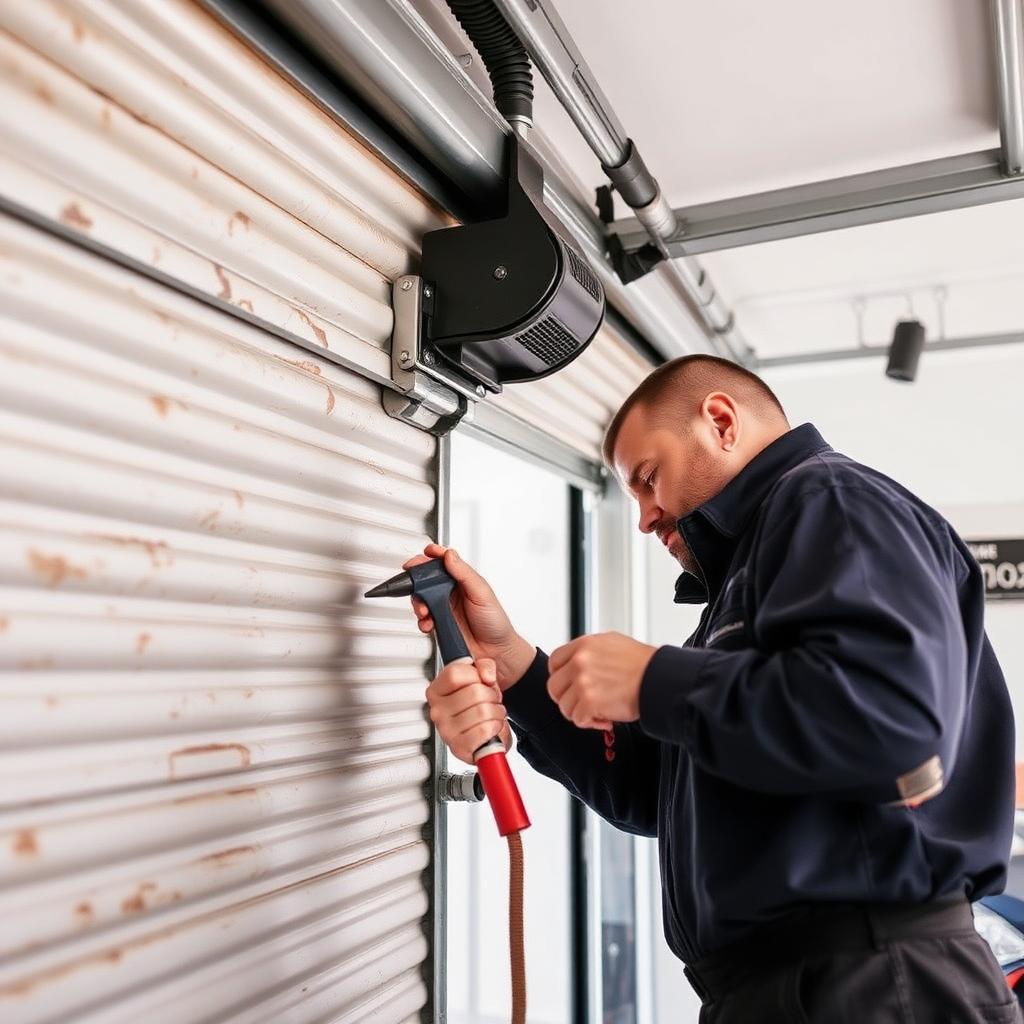 Technician servicing a residential roller garage door motor